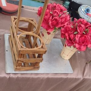 Rustic Wooden Bottle Holder&Pair of Cases With Flowers